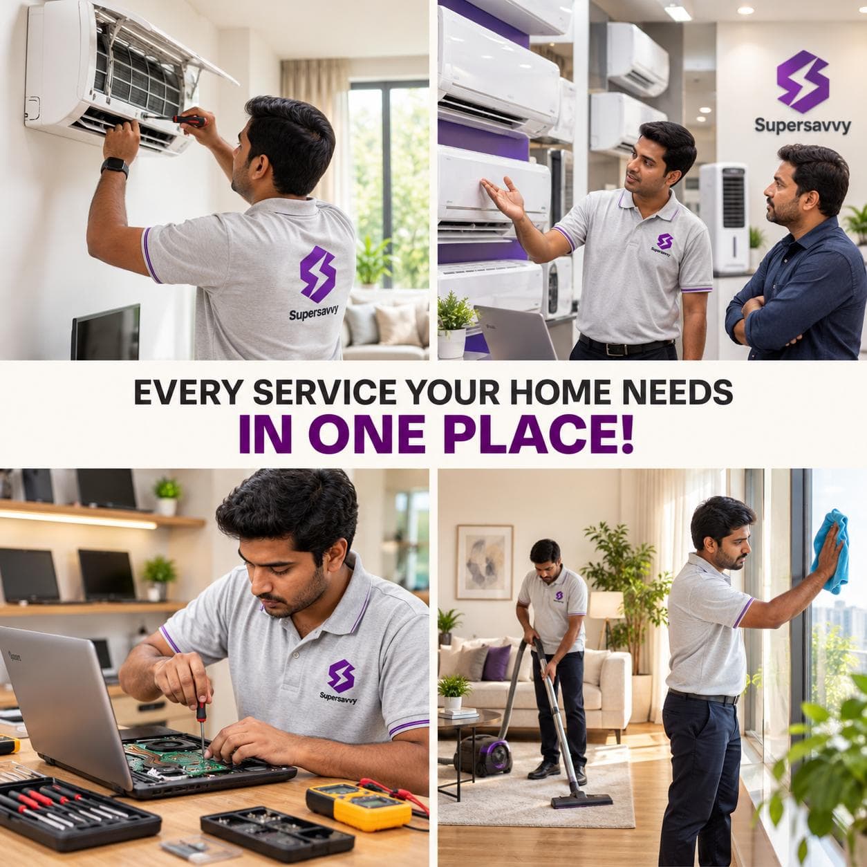 Supersavvy technicians repairing an AC, helping a customer choose an AC, fixing a laptop and cleaning a home