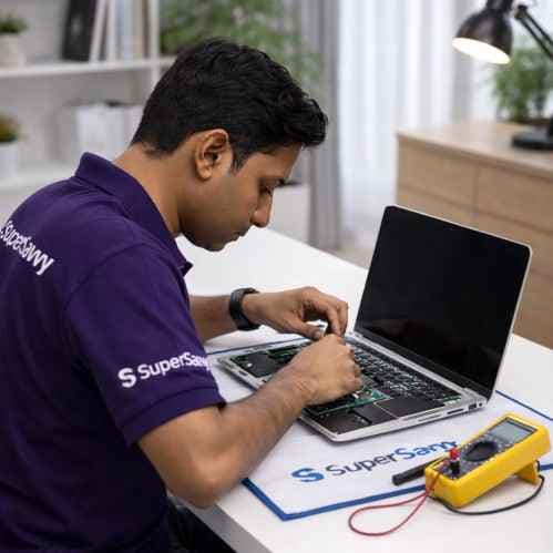 Technician working on an open laptop